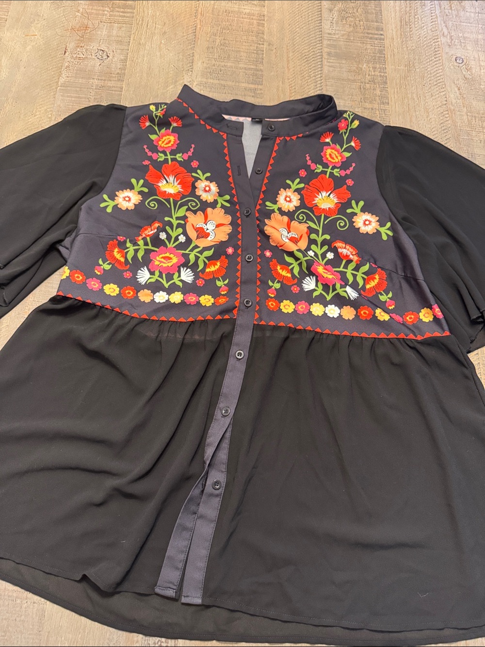 Black Embroidered Button-Front Peasant Blouse